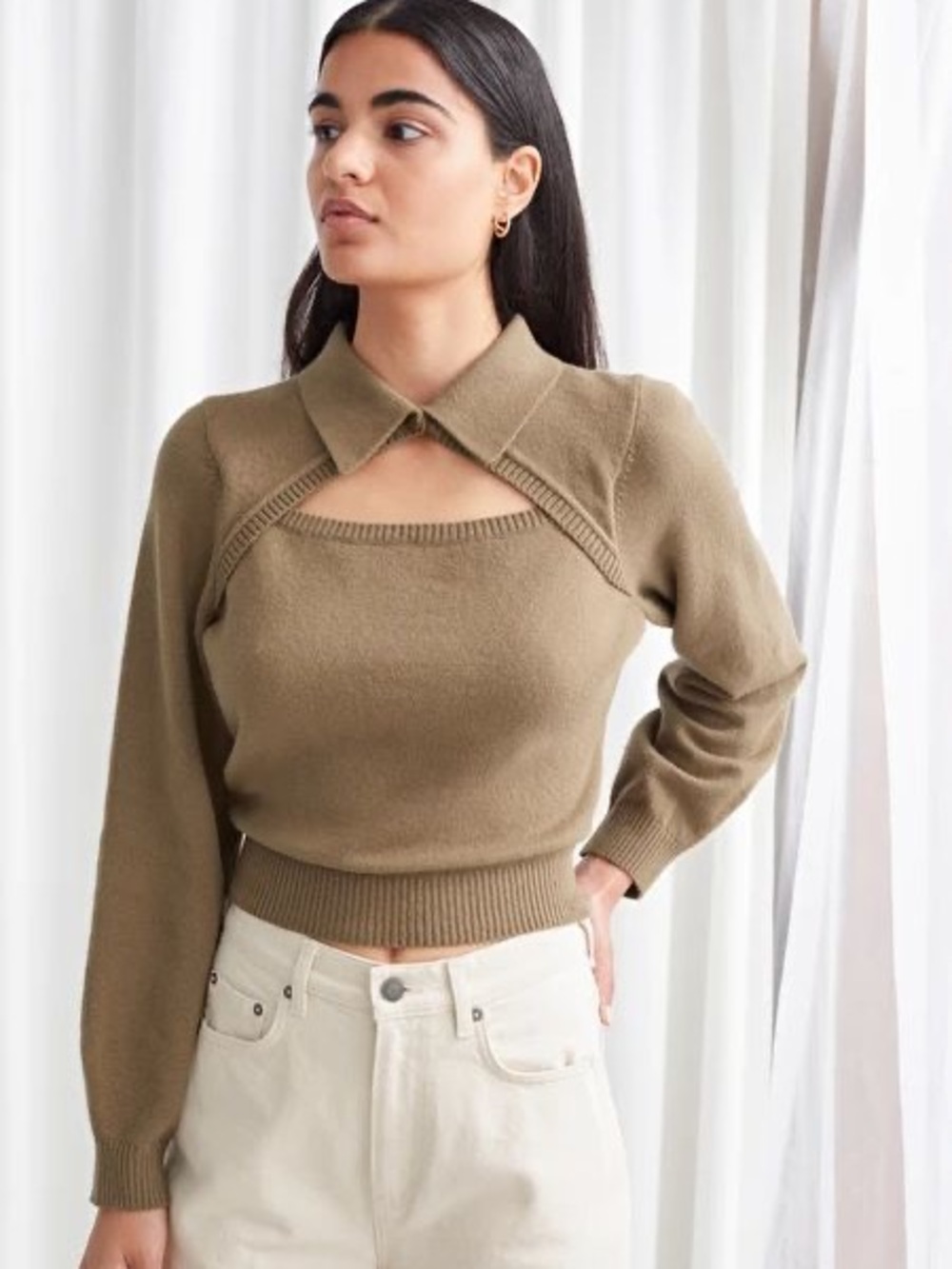 & Other Stories Olive Cutout Collared Knit Top